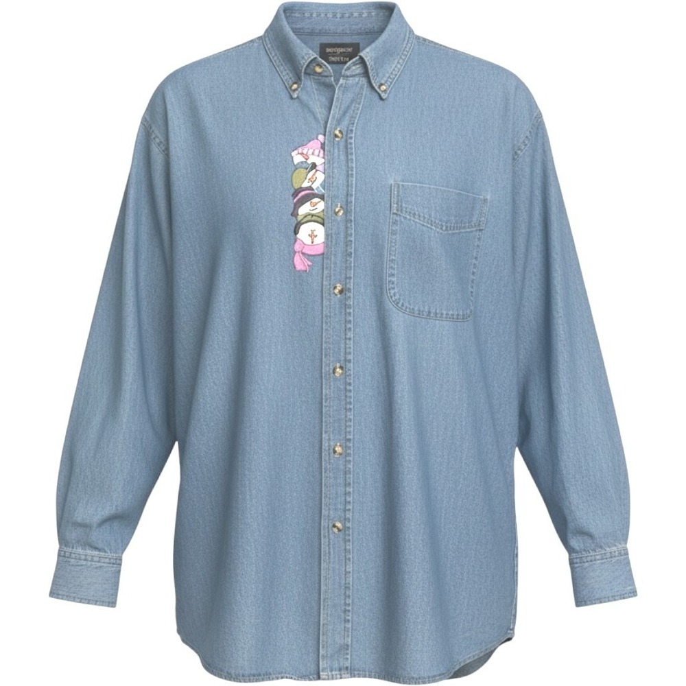 Vintage 90s Embroidered Snowman Denim Button Down Shirt Unisex XL